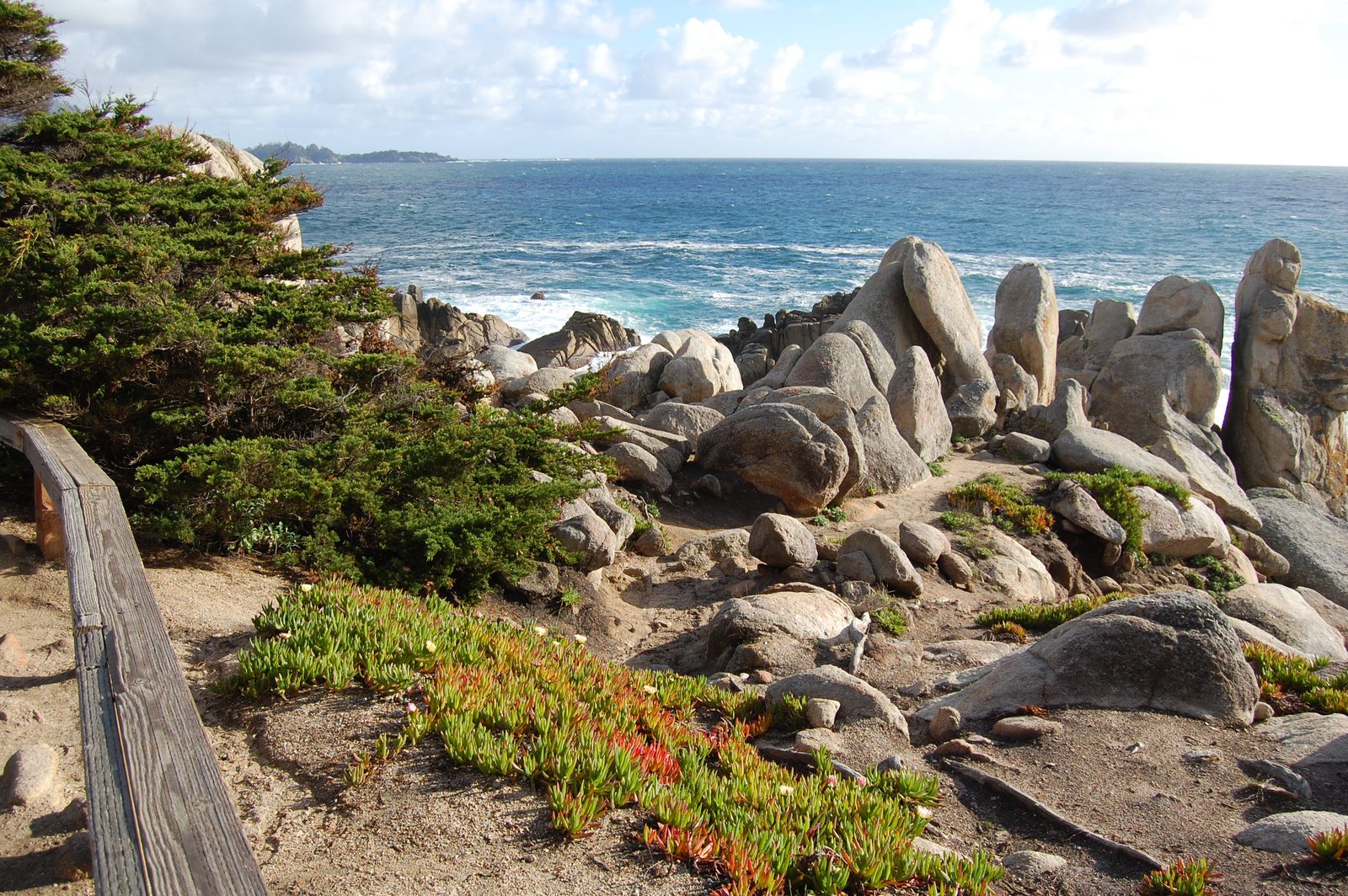 Weathered granite boulders and ice plant along a coastal trail above the ocean