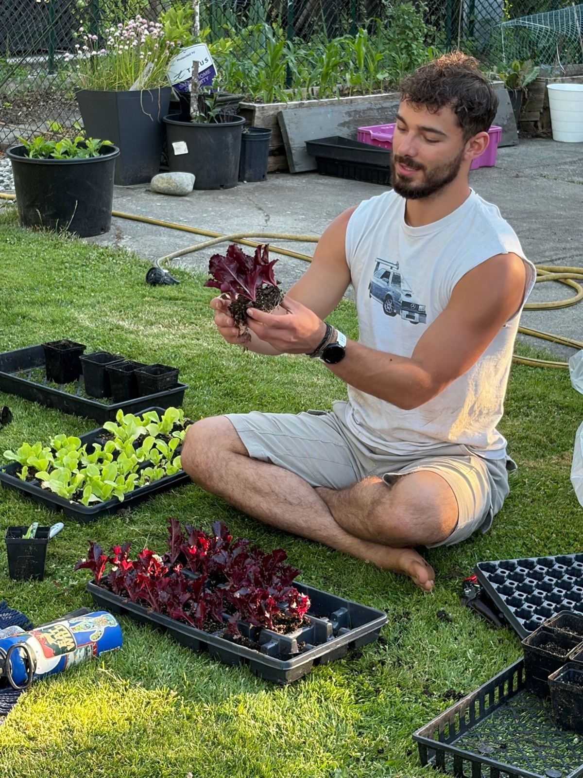 Nathan sitting cross-legged on the lawn holding a red seedling, trays of starts around him
