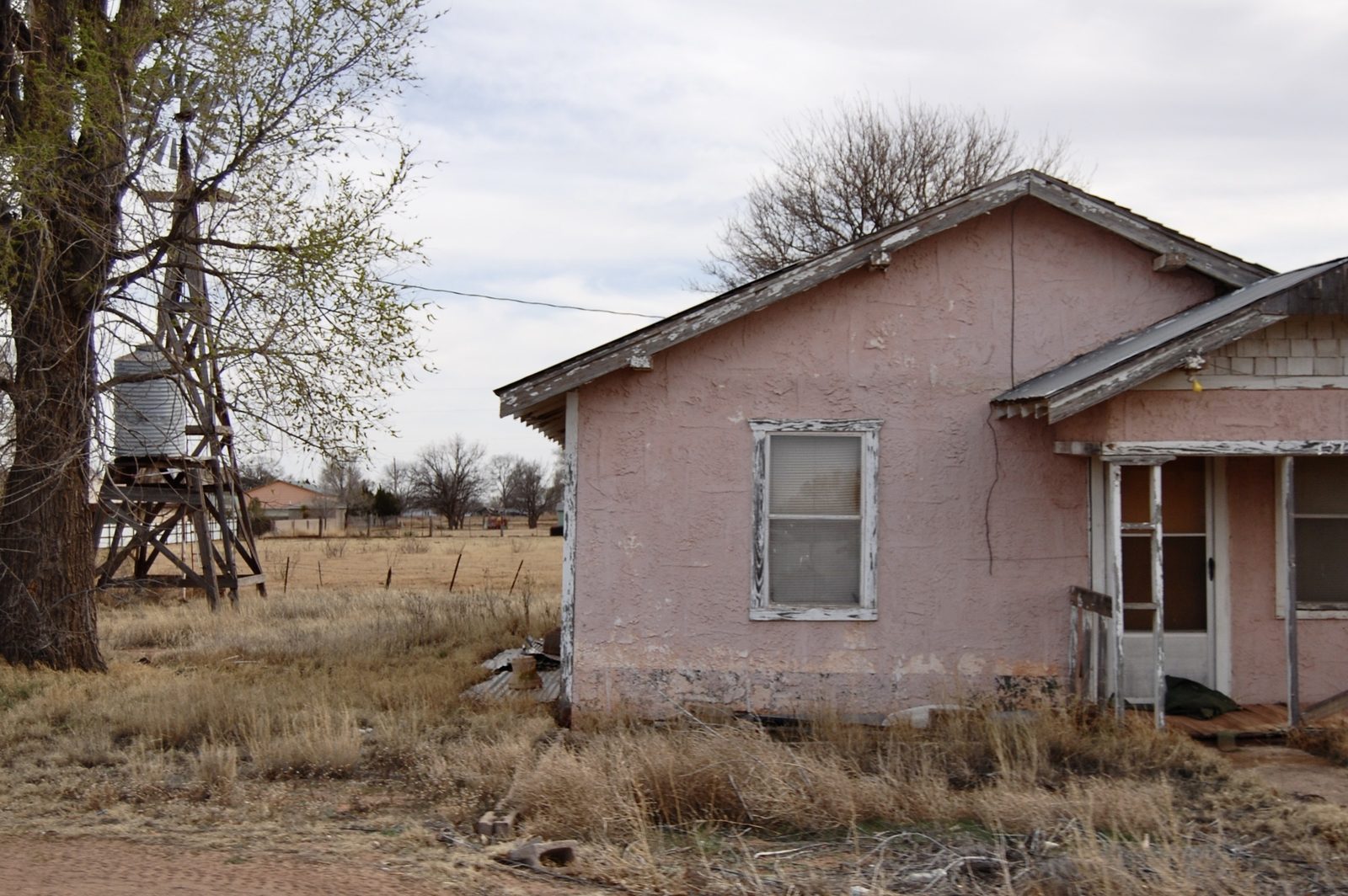A weathered pink farmhouse beside a windmill and cottonwood in dry grass